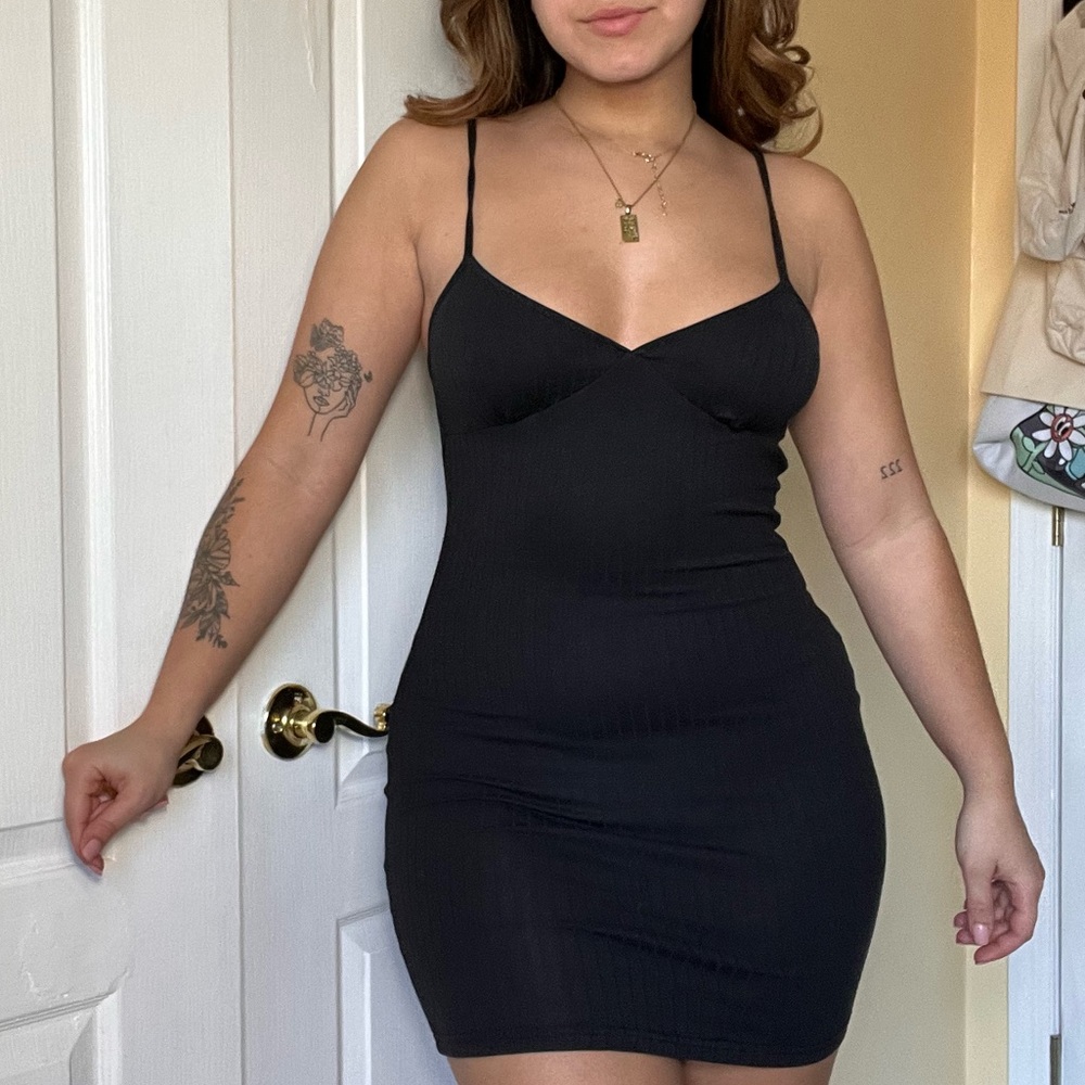 Black strapless ribbed dress